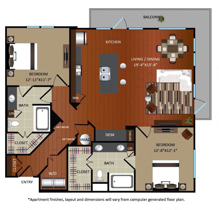 Floor plan for 2 beds, 2 baths, 1278 sqft